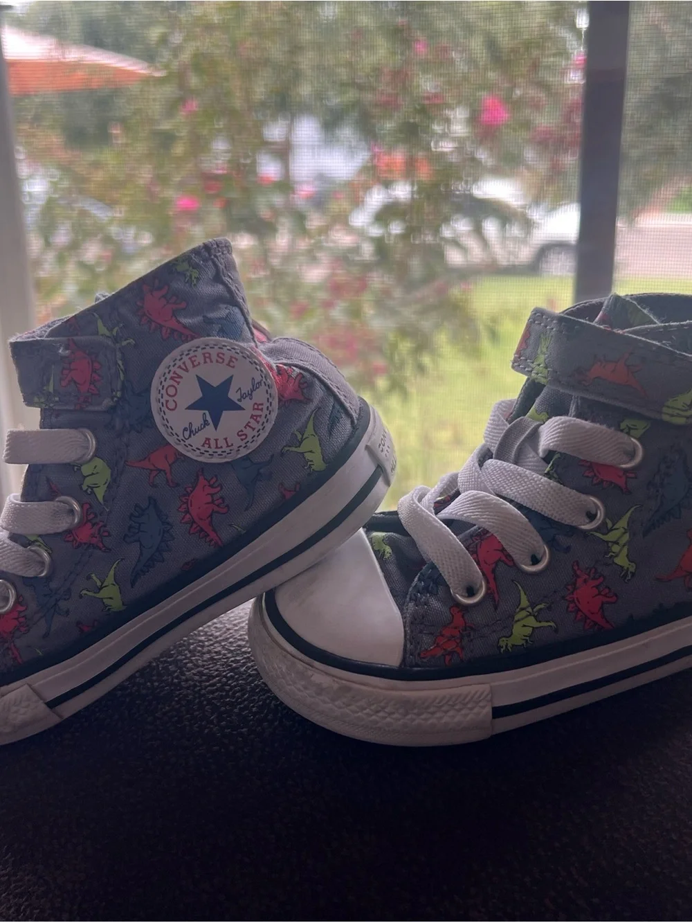 Converse Kids' Gray High-Top Sneakers with Neon Dinosaur Print